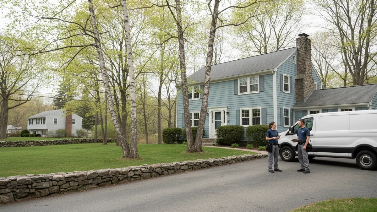 Two technicians beside a service van in the driveway of a cape cod house