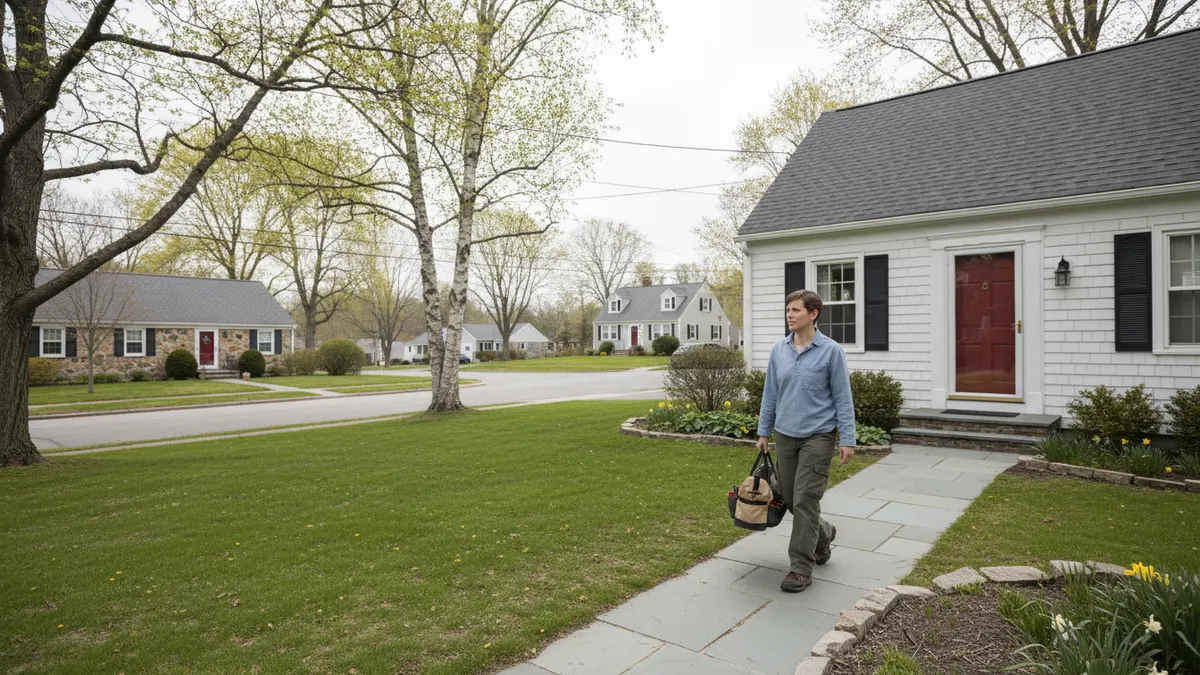 Technician walking up to a cape cod house in the Gardner, MA area