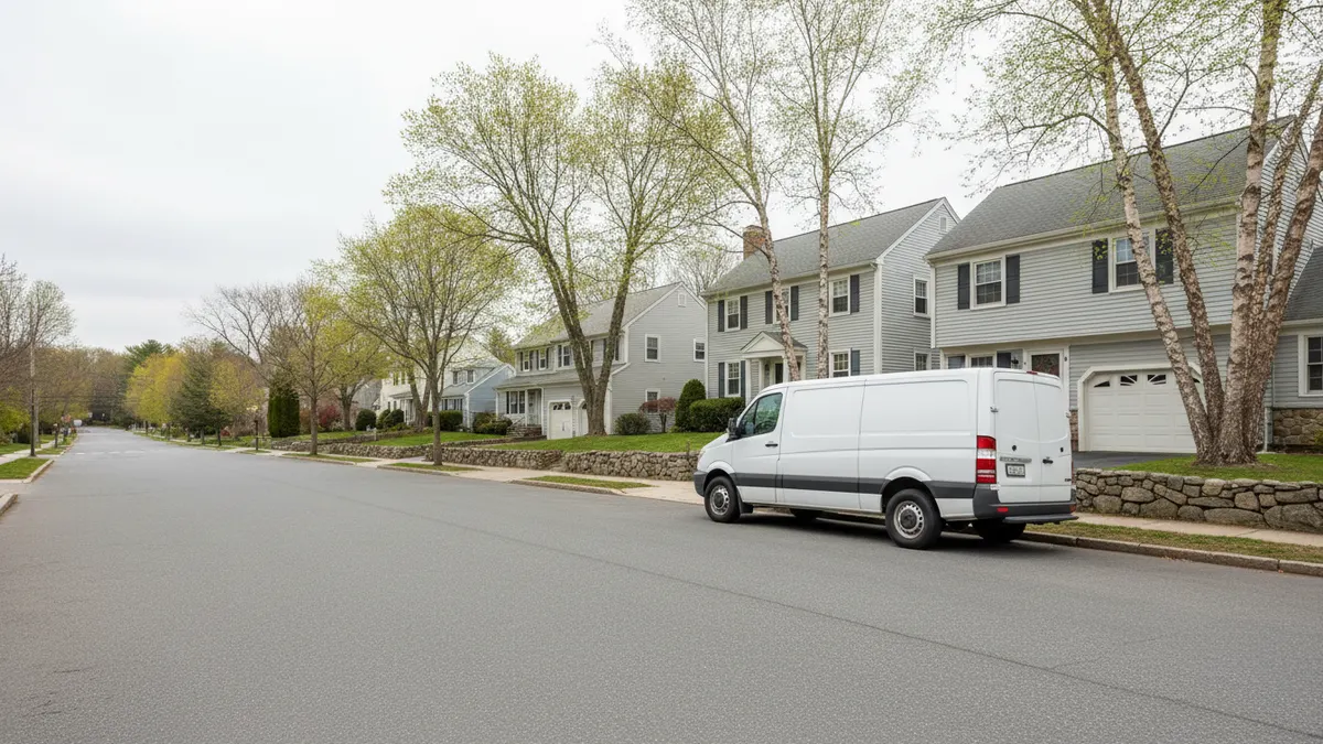 Service van parked on a street of garrison colonials near Gardner, MA