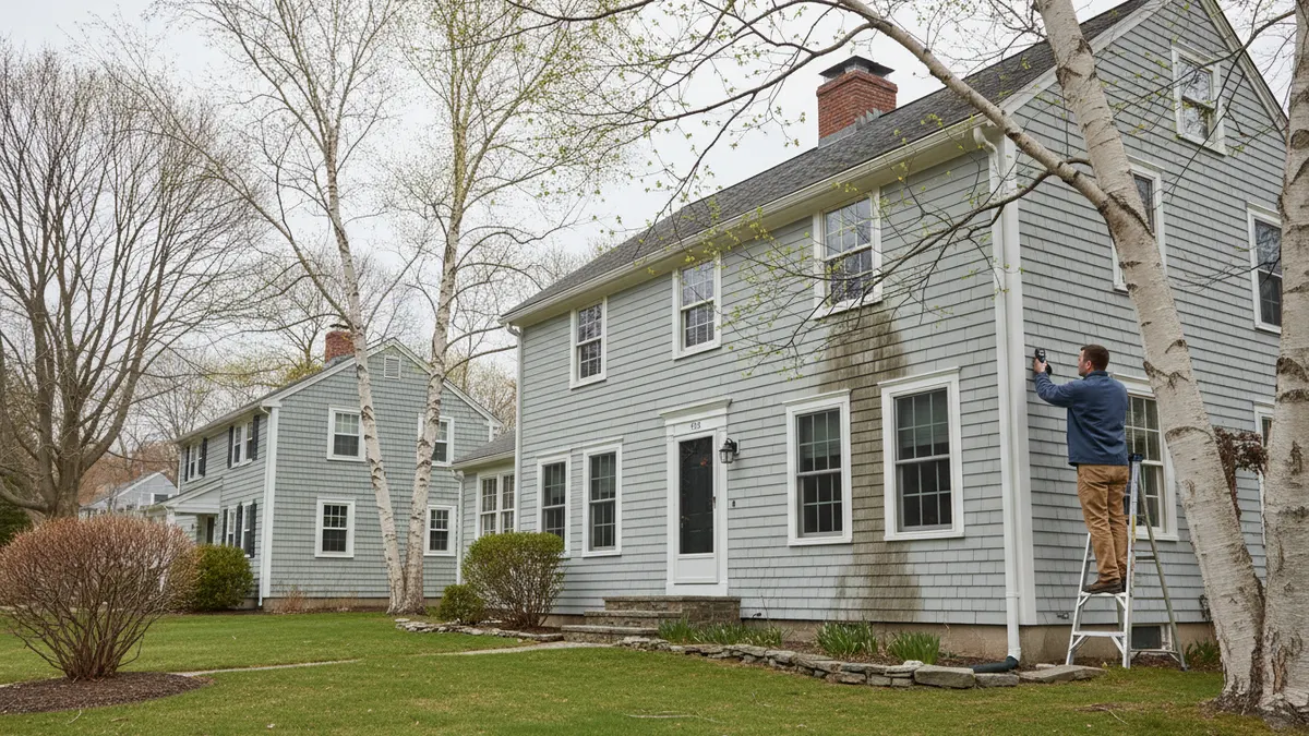 Technician at work outside a clapboard colonial