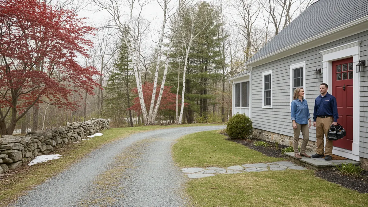 Homeowner greeting a technician at the door of a cape cod house