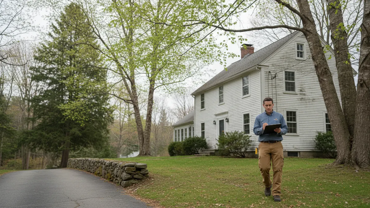 Technician walking around the side of a clapboard colonial