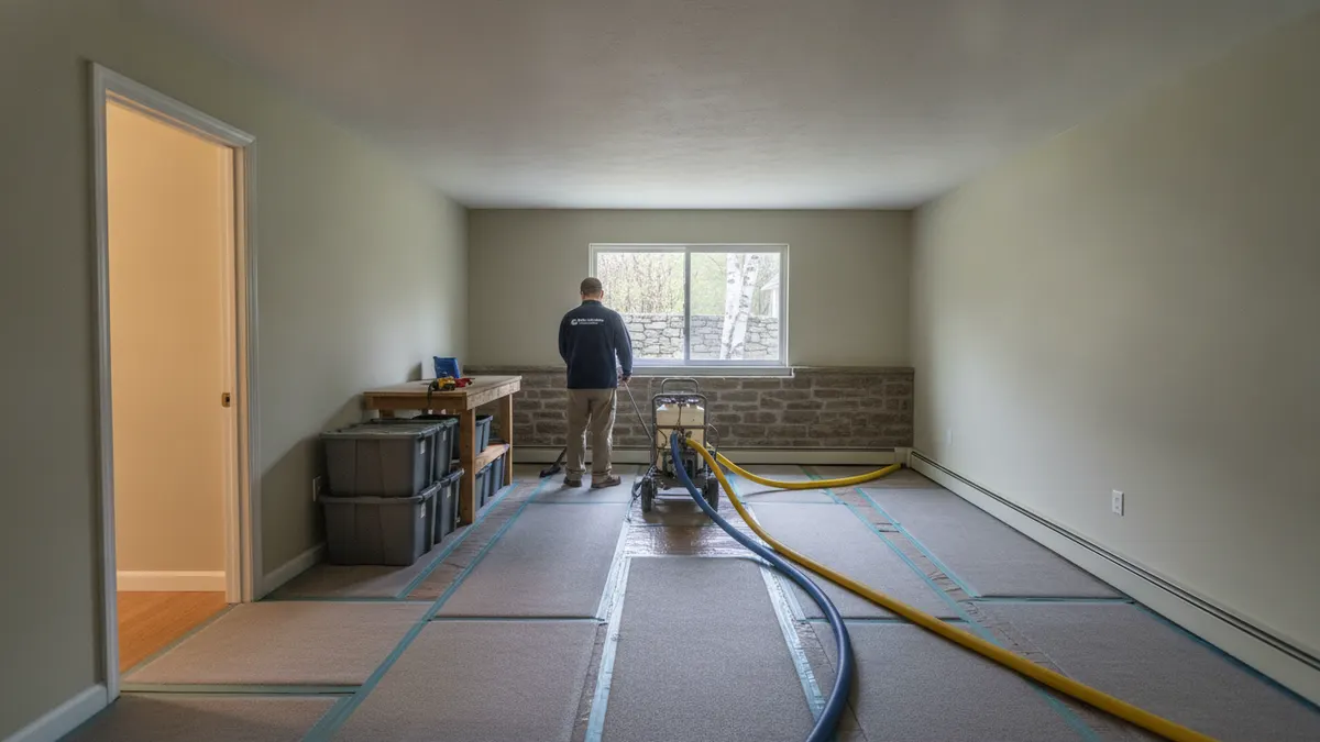 Extraction equipment staged near a wet lower-level room