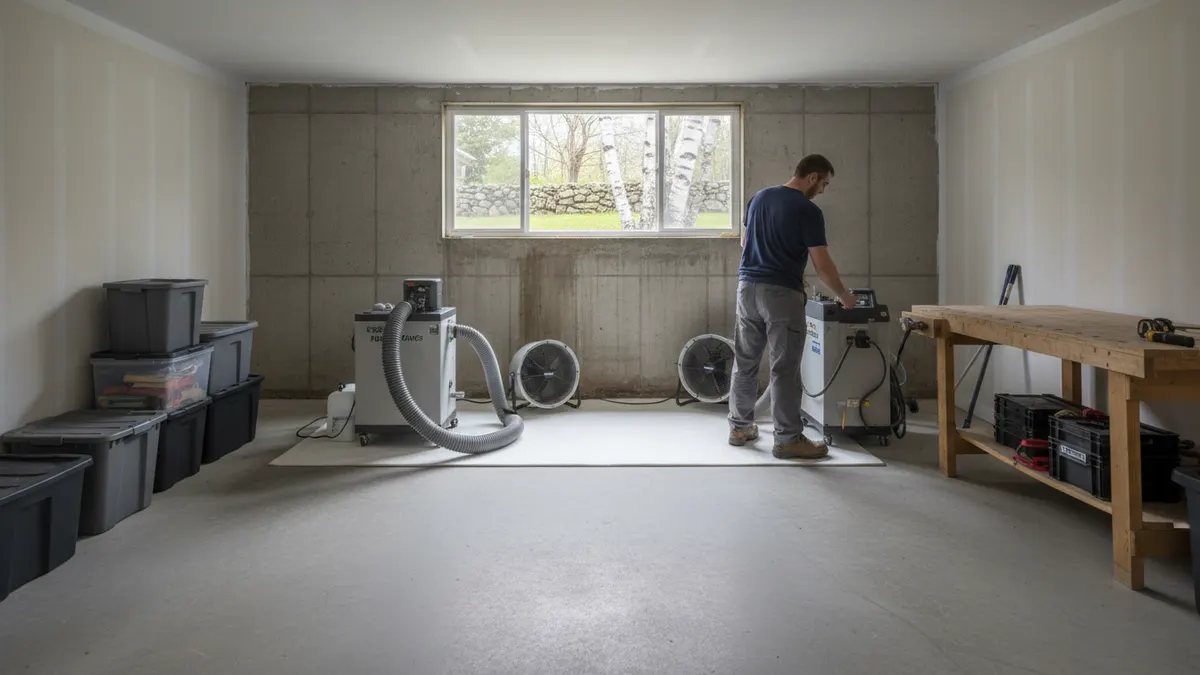 Drying equipment beside a damp basement wall in a cape cod house