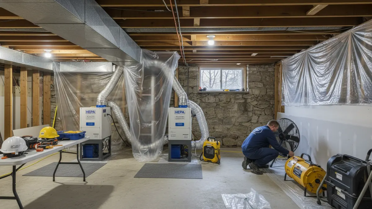 Mold remediation equipment in a contained basement beside damp framing