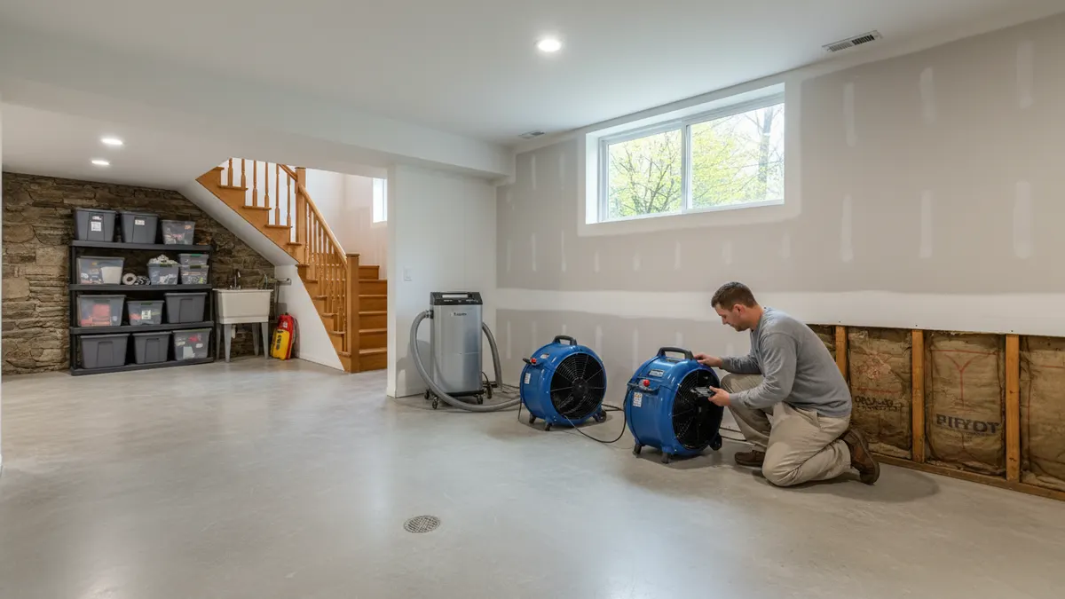 Air movers and dehumidifiers arranged in a dry basement beside a raised ranch