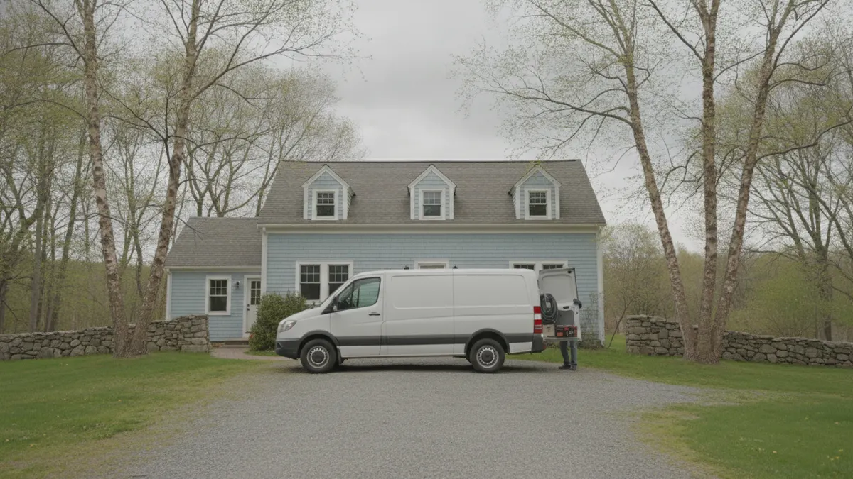 Unmarked service van in the driveway of a cape cod house
