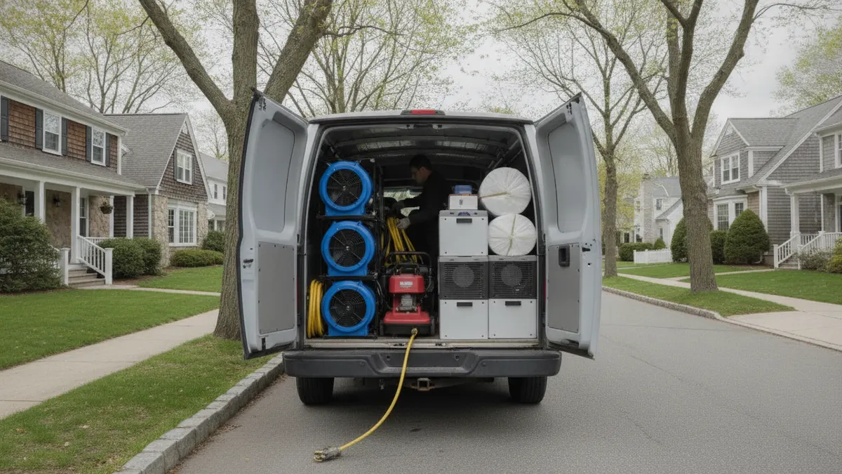 Air movers, hoses and dehumidifiers organized inside an open service van