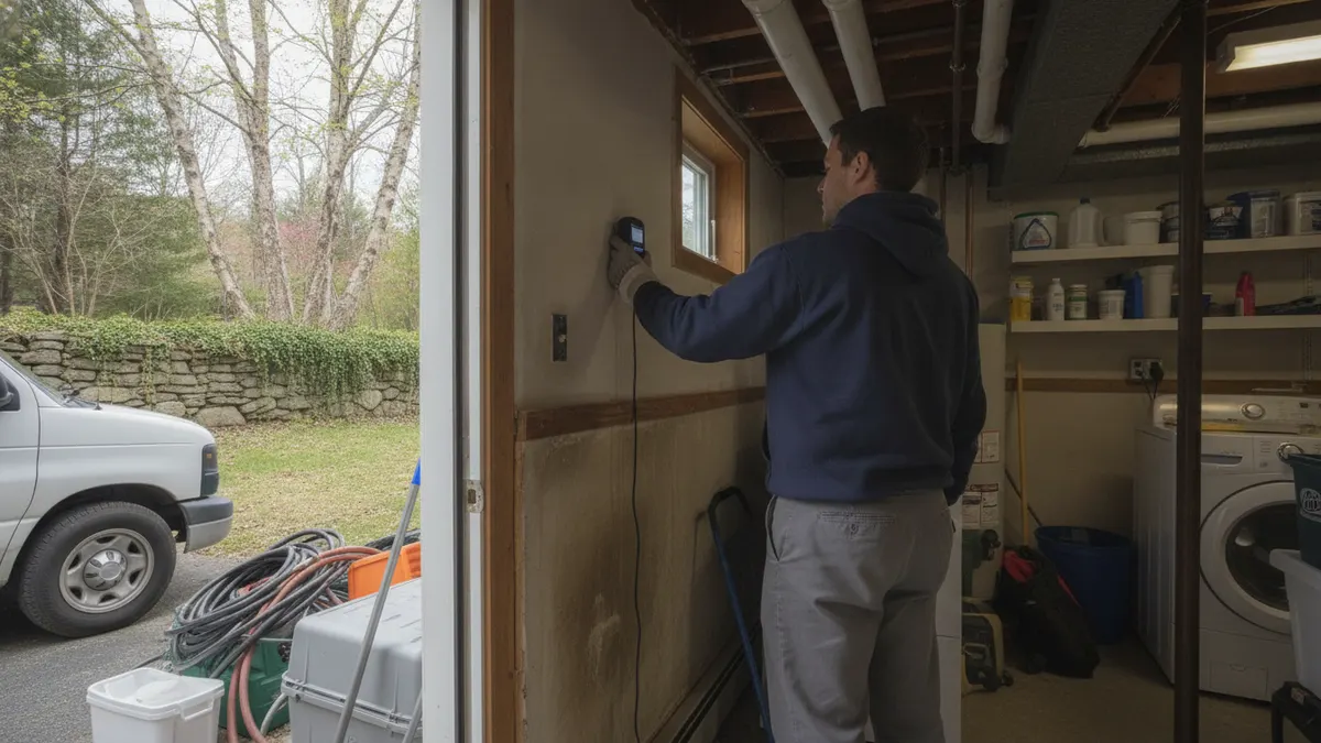 Technician seen from behind checking damp drywall with a moisture meter