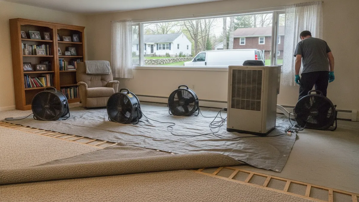 Air movers and a dehumidifier drying a finished basement
