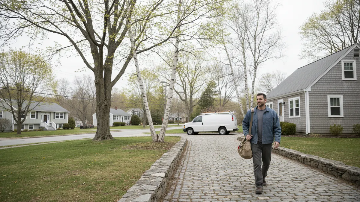 Technician arriving at a cape cod house in the Gardner, MA area