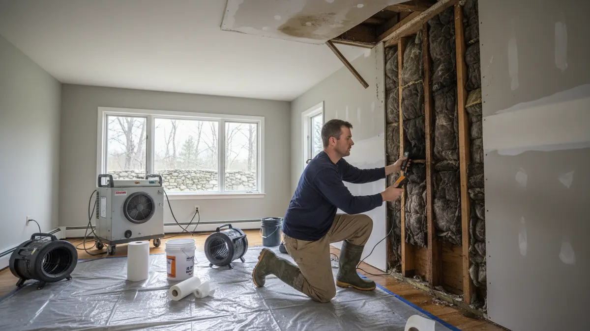 Technician doing burst and frozen pipe water damage work at a cape cod house