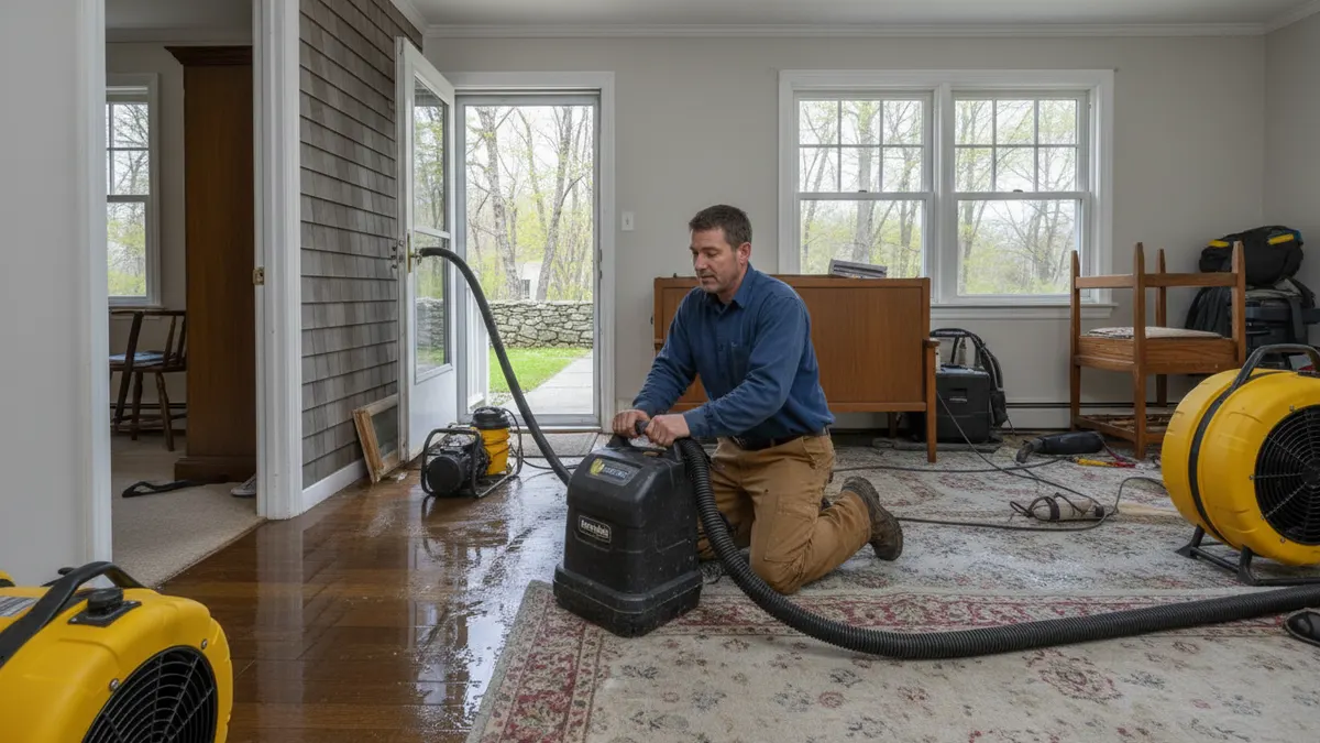 Technician doing emergency water extraction work at a cape cod house
