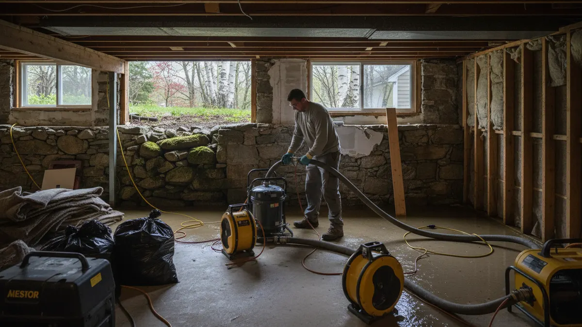 Technician doing flooded basement cleanup work at a cape cod house
