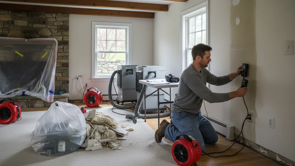 Technician doing water damage restoration work at a cape cod house