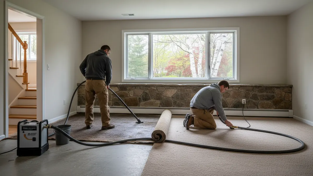 Portable extraction equipment working beside wet lower-level carpet