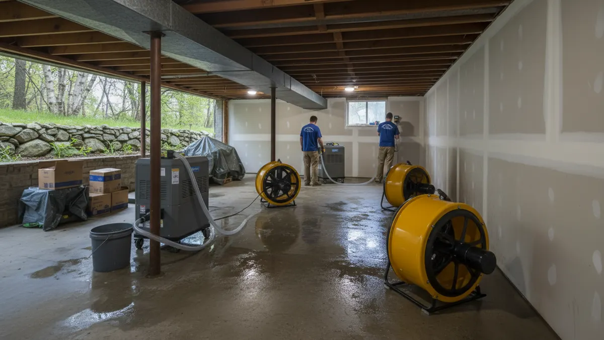 Basement water removal and drying in progress