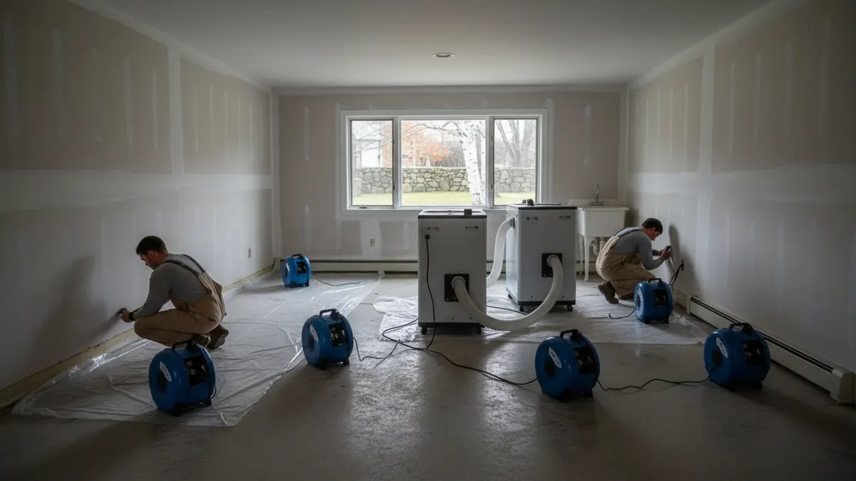 Air movers and dehumidifiers operating in the lower level