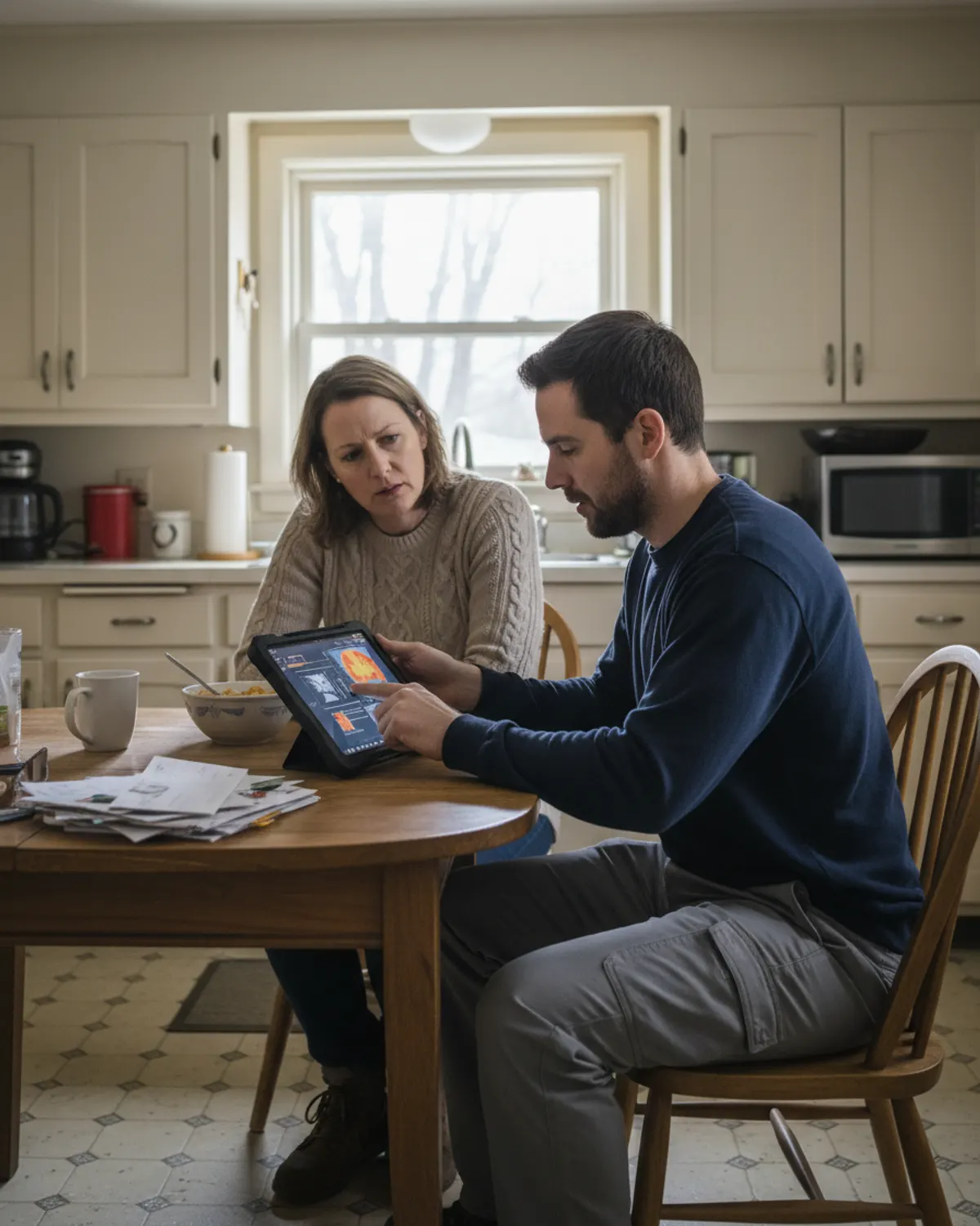 Technician going over findings with a homeowner at a kitchen table