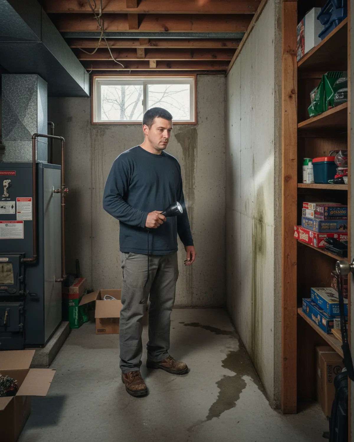 Technician inspecting a basement with a flashlight