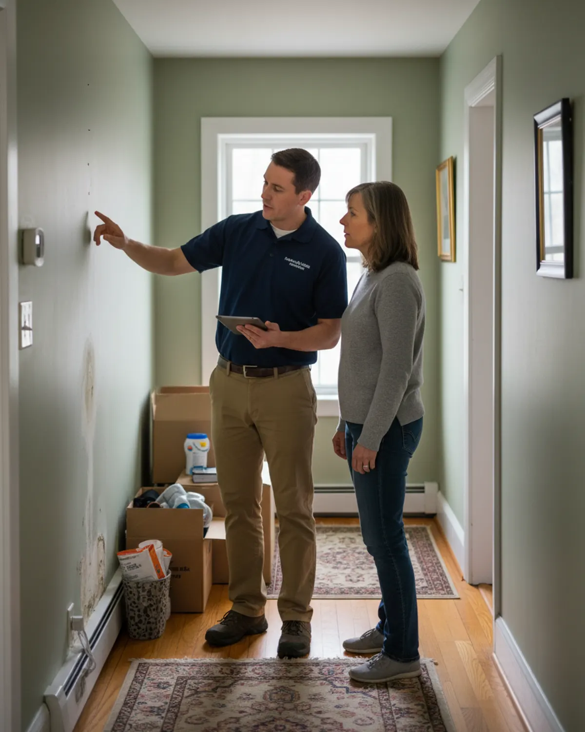 Technician explaining next steps to a homeowner in a hallway
